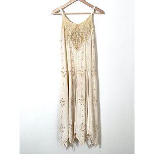Vtg Cream Boho Maxi Dress Indian Sequins Embroidered Handkerchief Hem Festival